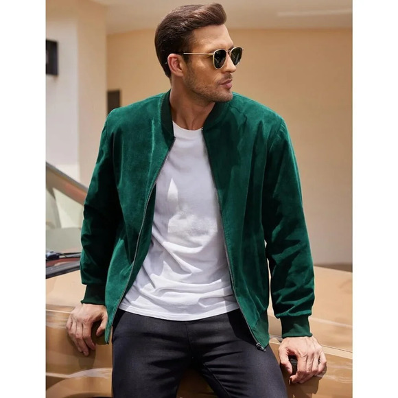 ❤️ Men's Casual Varsity Jacket Vintage Lightweight Faux Suede Bomber Jackets - Picture 2 of 6